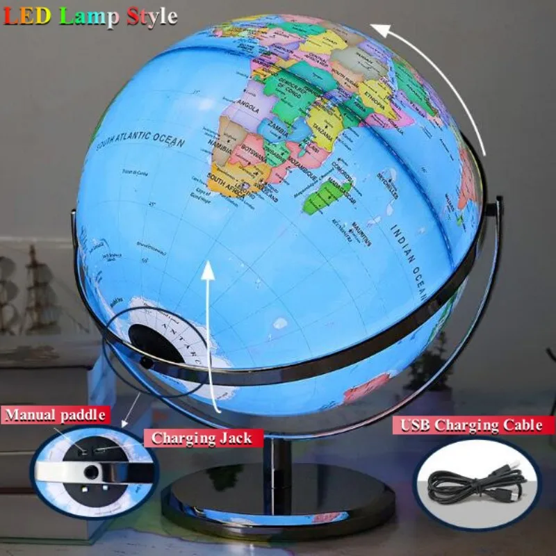 Imagem -03 - Globo Mundial Inglês Puro com Globo Impresso hd Ensino Estudante Luz Led Lâmpada de Mesa Artesanato de Escritório Abs Metal 25cm Diâmetro 360 °