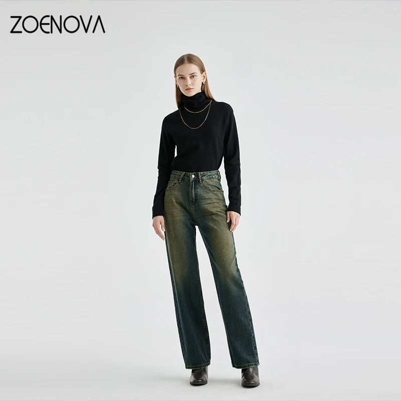 ZOENOVA Spring Nostalgic Retro Women's Wide Leg Pants Fashion New Casual Straight Denim Trousers Vintage 90S Baggy Jeans Female