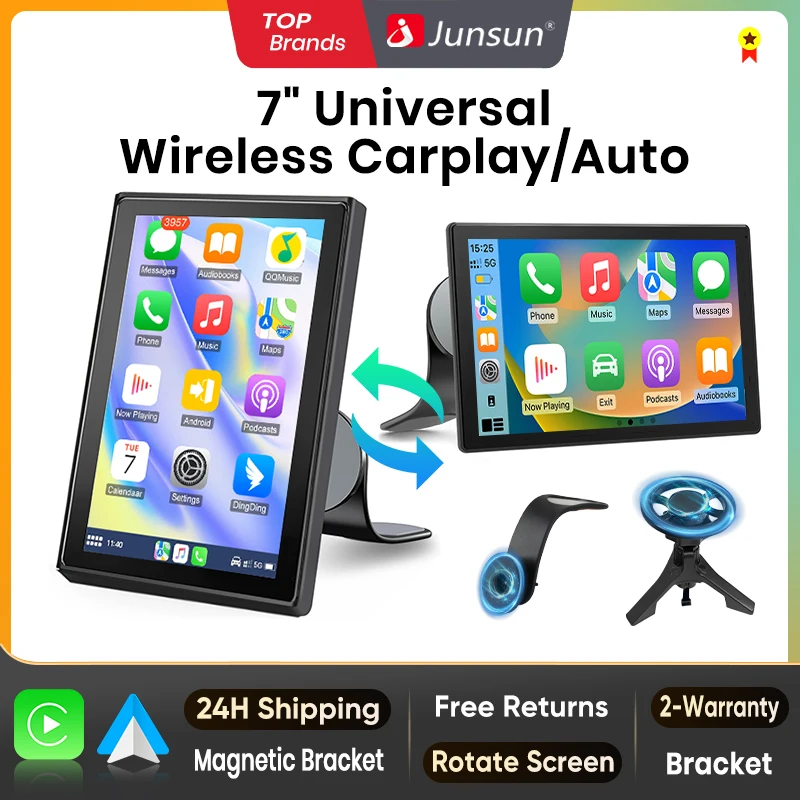 Junsun 7 بوصة عالمية قابلة للتدوير شاشة لمس محمولة لاسلكية Carplay لأجهزة Apple Android Auto Backup Camera Bluetooth GPS AUX #1
