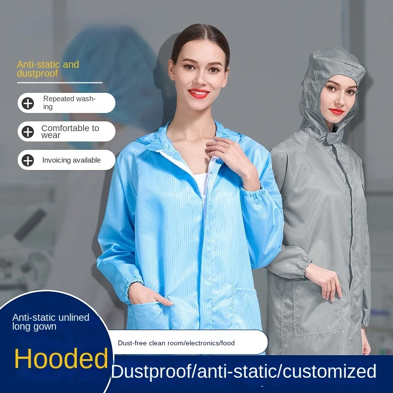 Robe électrostatique anti-poussière, salopette de protection avec fermeture éclair, usine atelier Foxconn clean coat avec capuchon bleu et blanc