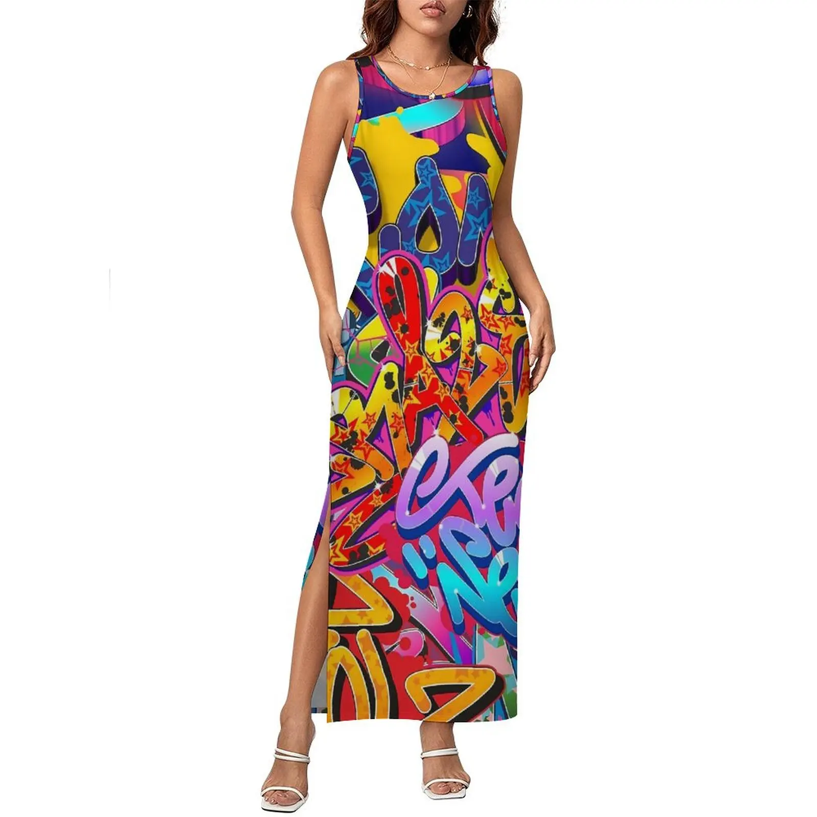 Graffiti Words Dress Sleeveless Colorful Print Streetwear Maxi Dresses Cute Bodycon Dress Women Design Oversize Vestido