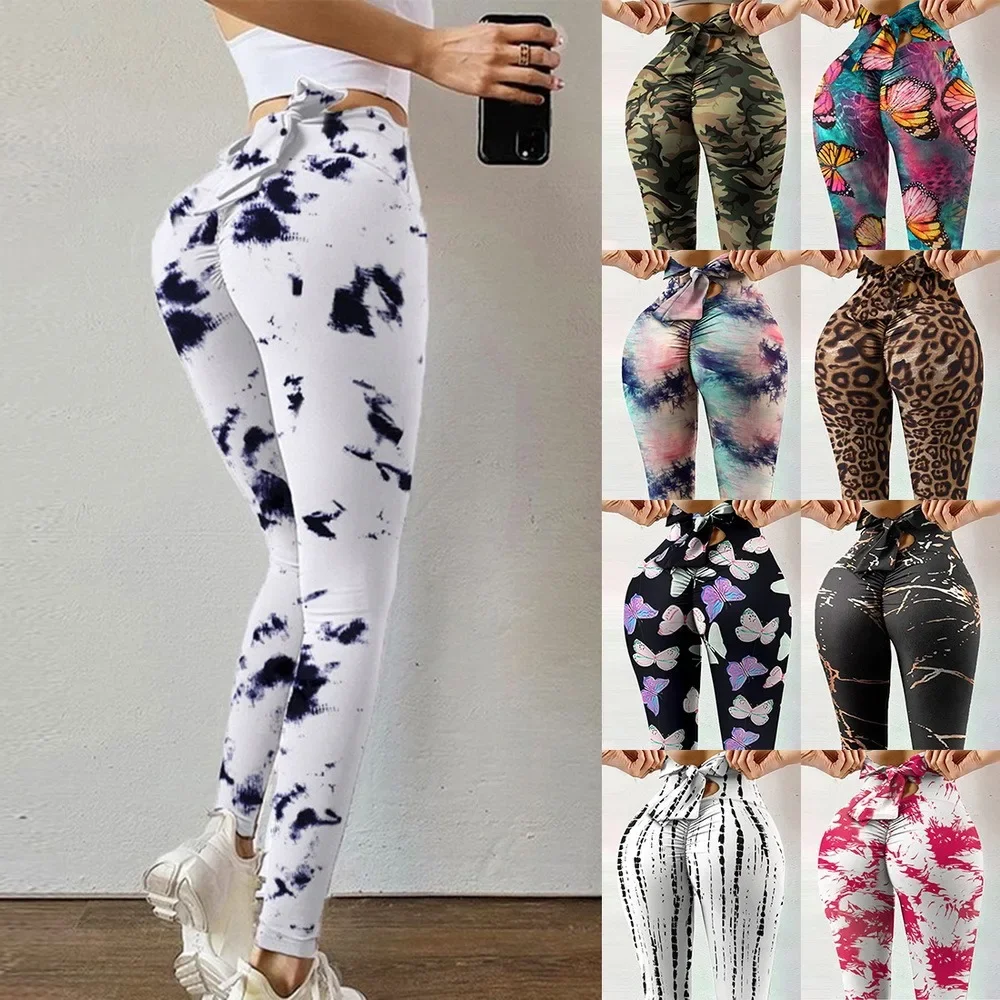 Women\'s Peach Hip Lifting Sport Fitness Yoga Leggings Printed Tie Dye High Waist Sexy Slim Pants