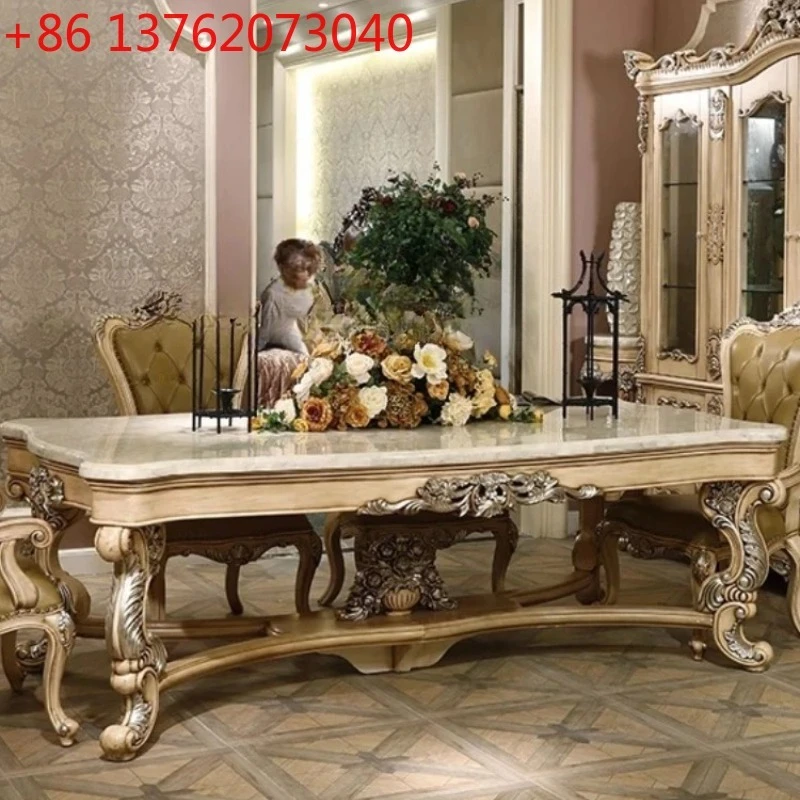 

American antique white old all solid wood dining table and chair combination European style silver tracing old