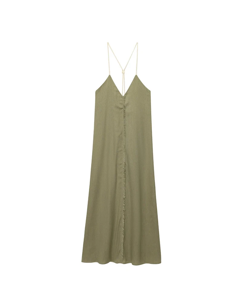 Summer Spaghetti Strap V-neck Midi Dress Women Army Green Backless A-line Dresses