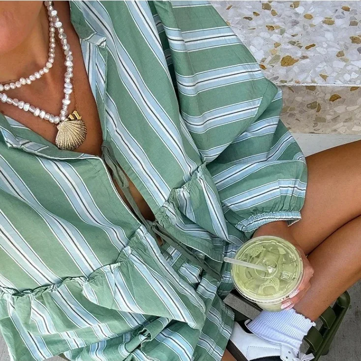Summer casual striped shirt shorts suit ladies loose bow lace cut-out long balloon sleeve suit women's summer beach ladies suit
