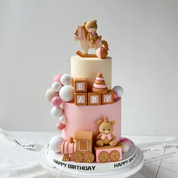 Bear Cake Topper Trojan Bear Train Carriage Water Balloons Rainbow Tower for Baby Shower Birthday Party Cake Decoration Supplies