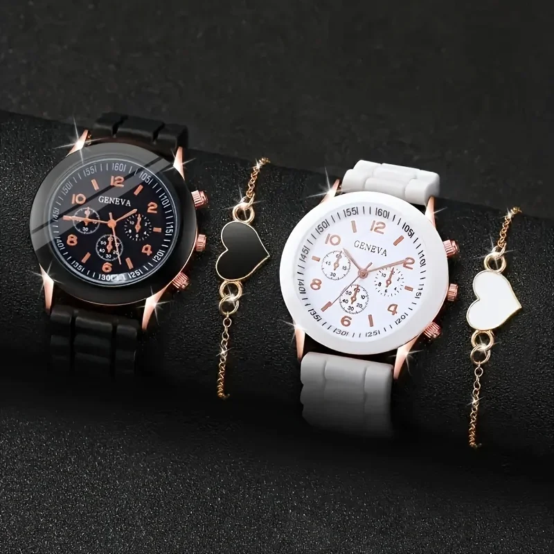 4pcs Fashion Simple Set Watches Luxury Men Women Silicone Tape Quartz Watch for Silver Business Casual Bracelet Wristwatch