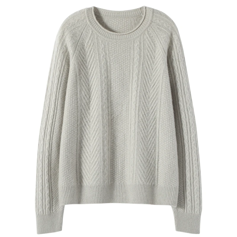 New Chic Women 100% Cashmere Sweater Cable Knit Curl O-Neck Pullover Shirt Autumn Winter Soft Thick Warm Bouse Woman Top Clothes
