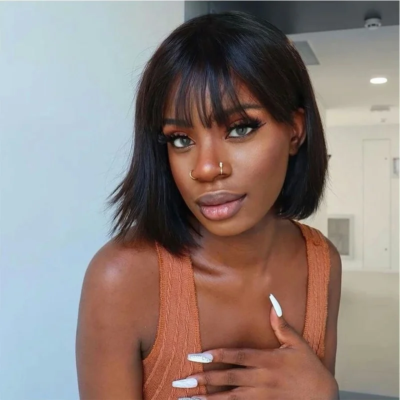 Short Bob Natural Bone Straight Wig With Bangs Black Synthetic Wigs Glueless US