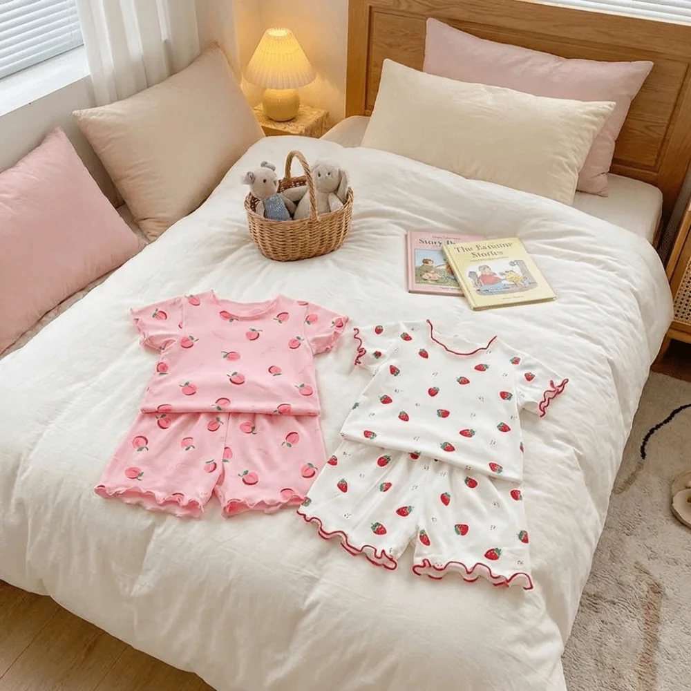 Strawberry Girls Pajama Set Soft Fabric T-shirt and Shorts Short Sleeve Pajama Set Breathable Organic Cotton Baby Sleepwear