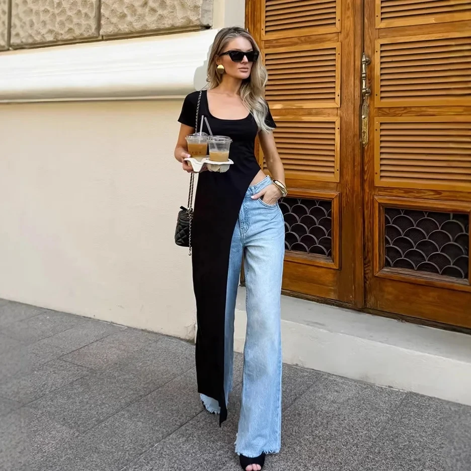 

2026 Spring Summer Black Hot Girl Style Versatile Square Neck Short Sleeve Irregular Long Dress Womens Outfit