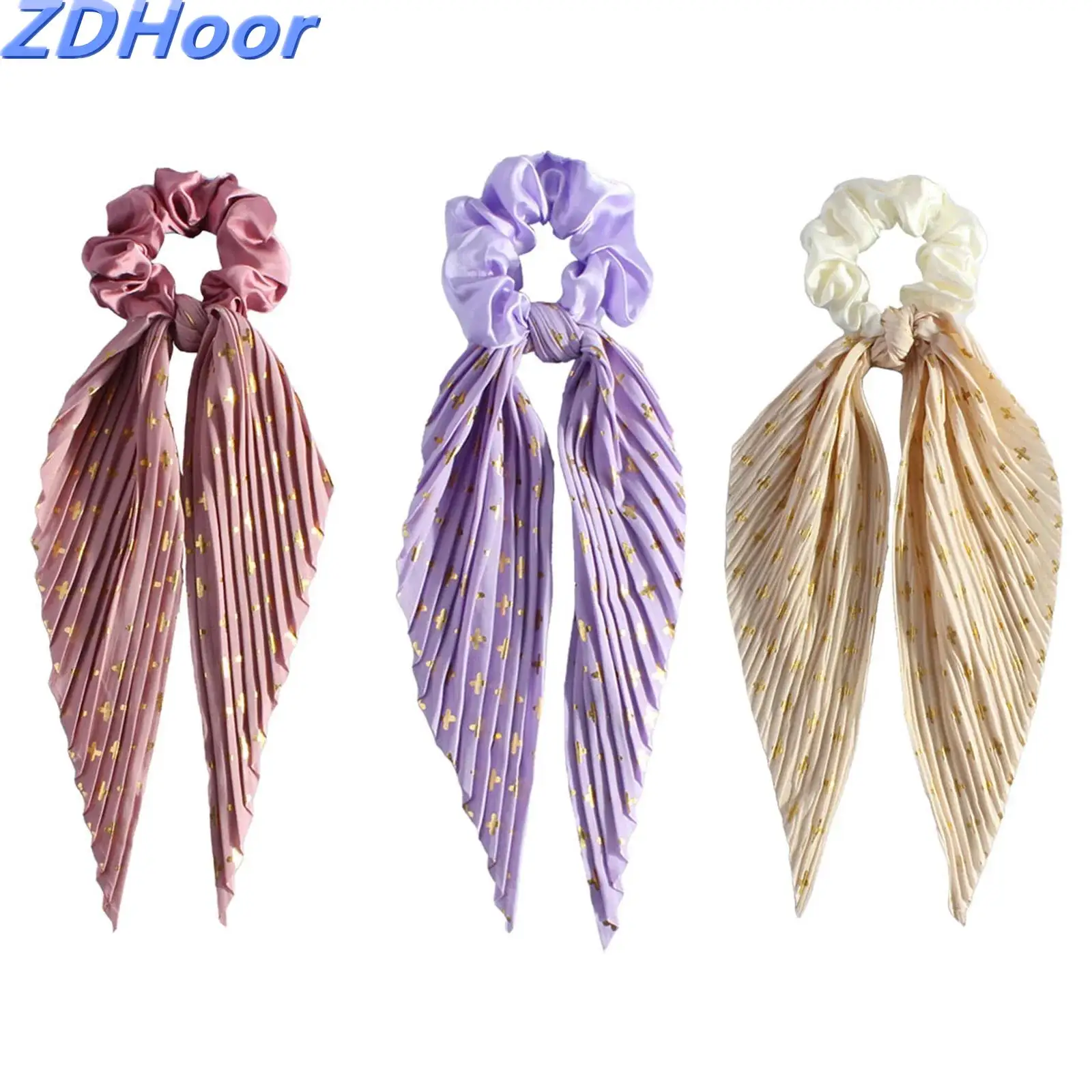 

3Pcs Vintage Pleated Bow Headgear with Gold Stars Print 3-Colors Hair Tie Ponytail for Women Girls