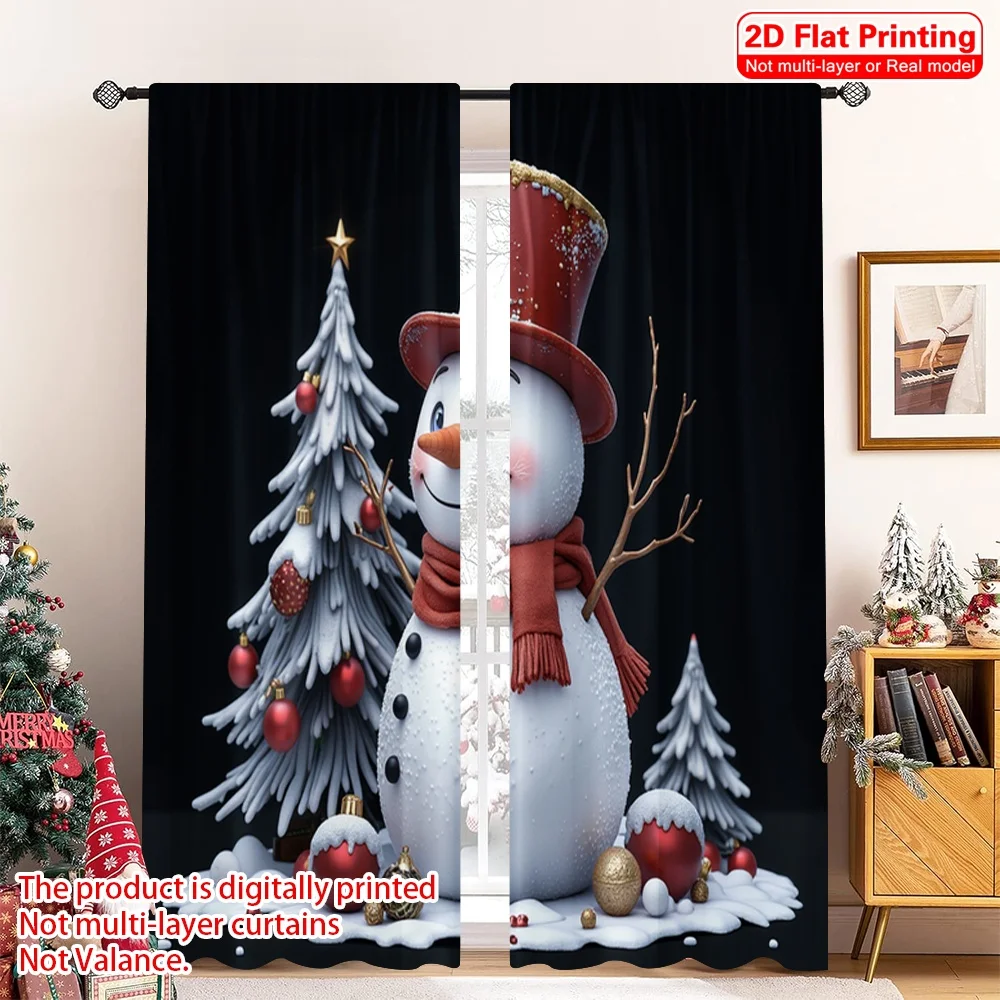 

2pcs 2D flat printing Christmas Scene Curtain Happy Snowman Christmas Ornaments Fabric Without Electricity Family Party Use for
