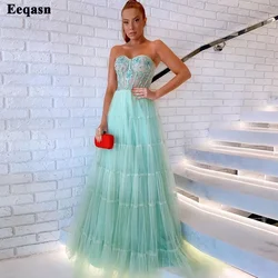 Eeqasn A Line Tulle Long Prom Dresses Appliques Lace See Through Bones Tiered Skirt Simple Evening Gowns Special Occasion Dress