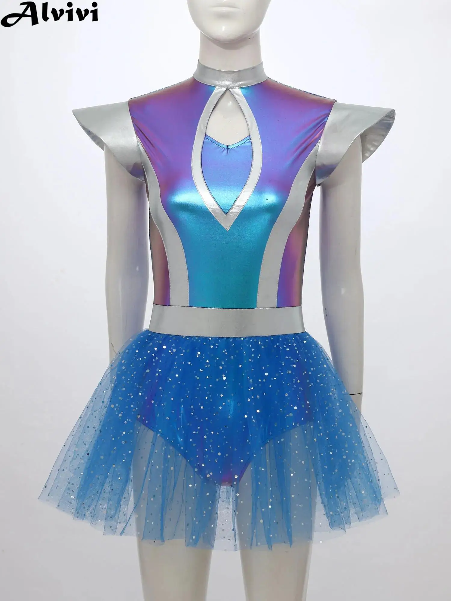 

Женское платье-пачка из металлического блестящего тюля с рукавами-крылышками, танцевальное трико, платье на Хэллоуин, вечерние, космонавт, космический воин, карнавальный костюм