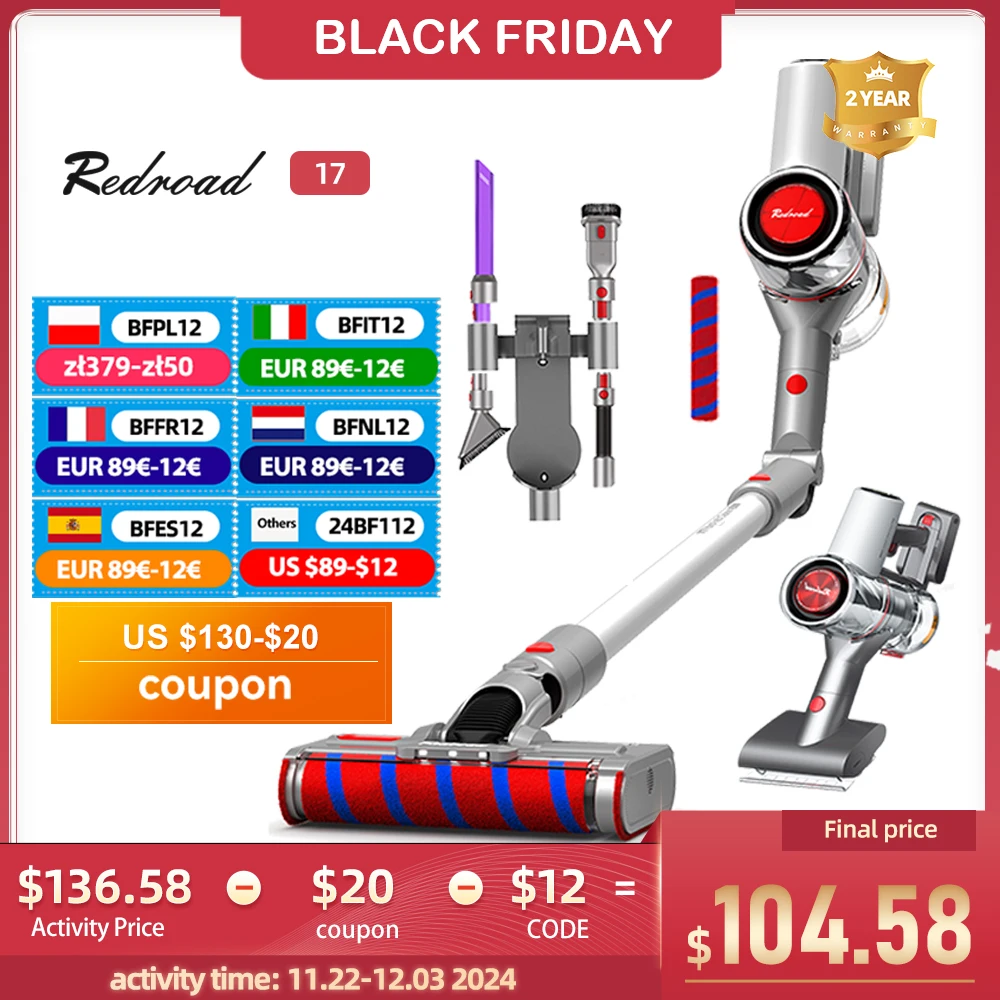 REDROAD 17 Cordless Vacuum Cleaner Handheld 450W 26.5 KPa Suction Power Multifunctional Brush LCD Color Screen Dual roller brush