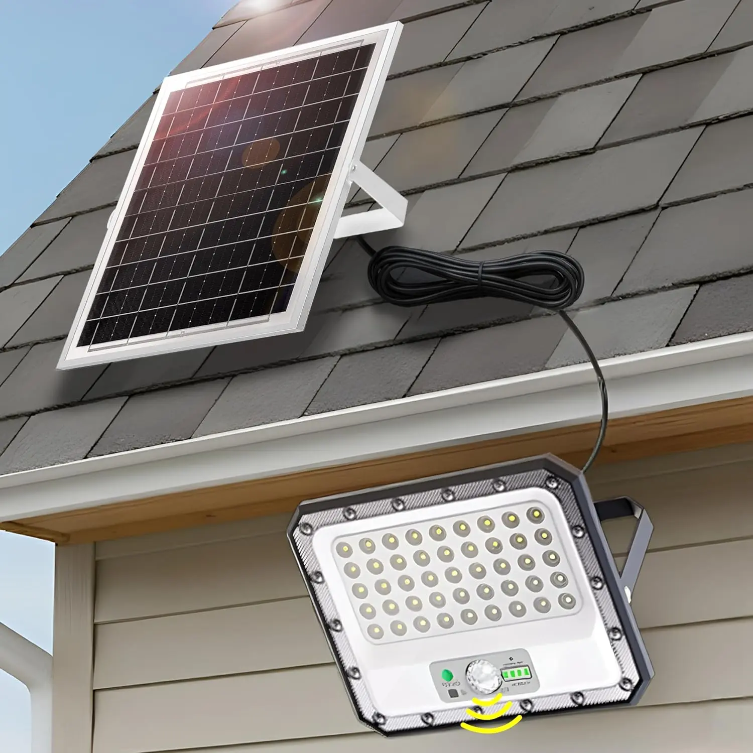 

Outdoor Solar Flood Light IP65, Motion Sensor LED, 2250LM 6500K, Dusk to Dawn, Waterproof, Remote Control, Black, for Yard Garde