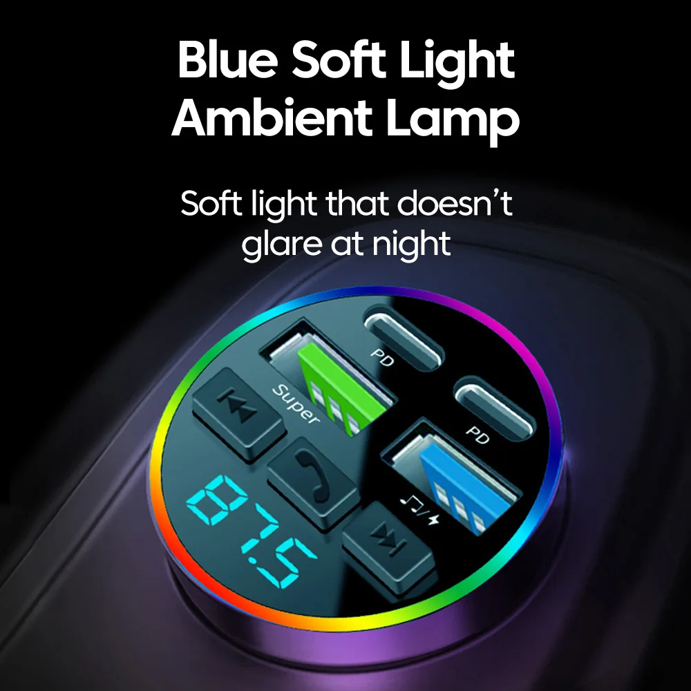 4-Port ملون بلوتوث مشغل MP3 حر اليدين FM الارسال شحن سريع ولاعة السيارة متعددة الوظائف شاحن هاتف السيارة #4