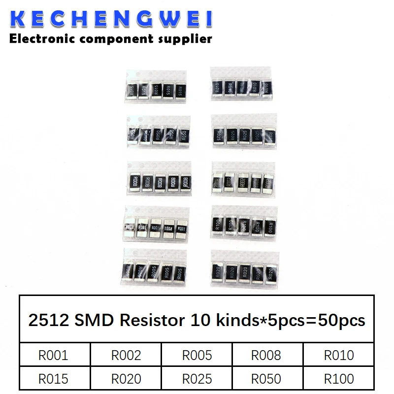 50PCS Alloy resistance 2512 SMD Resistor Samples kit ,10 kindsX5pcs=50pcs R001 R002 R005 R008 R010 R015 R020 R025 R050 R100