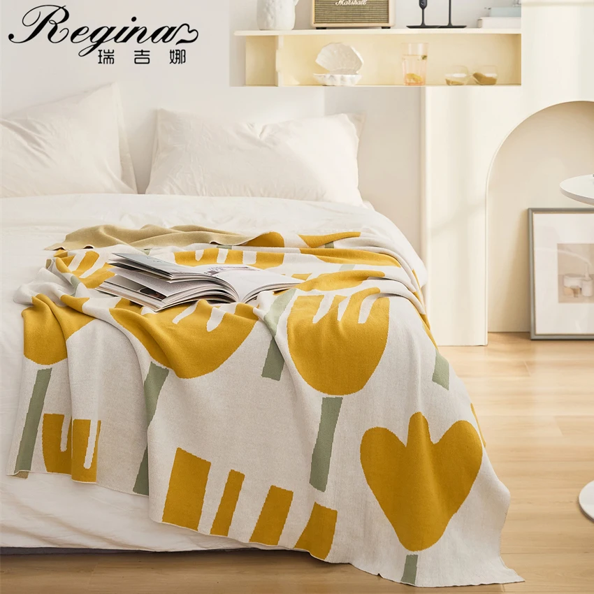 

REGINA 2022 Spring Tulip Floral Blanket Outerdoor Picnic Travel Soft Cotton Knitted Throw Blanket Home Boho Decor Sofa Bed Throw