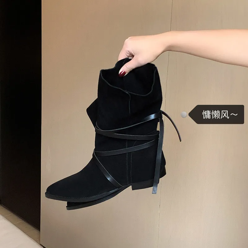 2026 جديد الخريف الشتاء النساء حذاء من الجلد الجلد الطبيعي 22-24.5 سنتيمتر جلد البقر المدبوغ أشار تو حزام كعب سميك أحذية بوت قصيرة الموضة