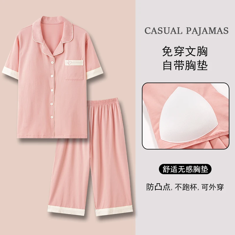 Big Size M-4XL Women Turn-down Collar Pajama Set With Chest Pad Summer Modal Short Sleeve Sleepwear