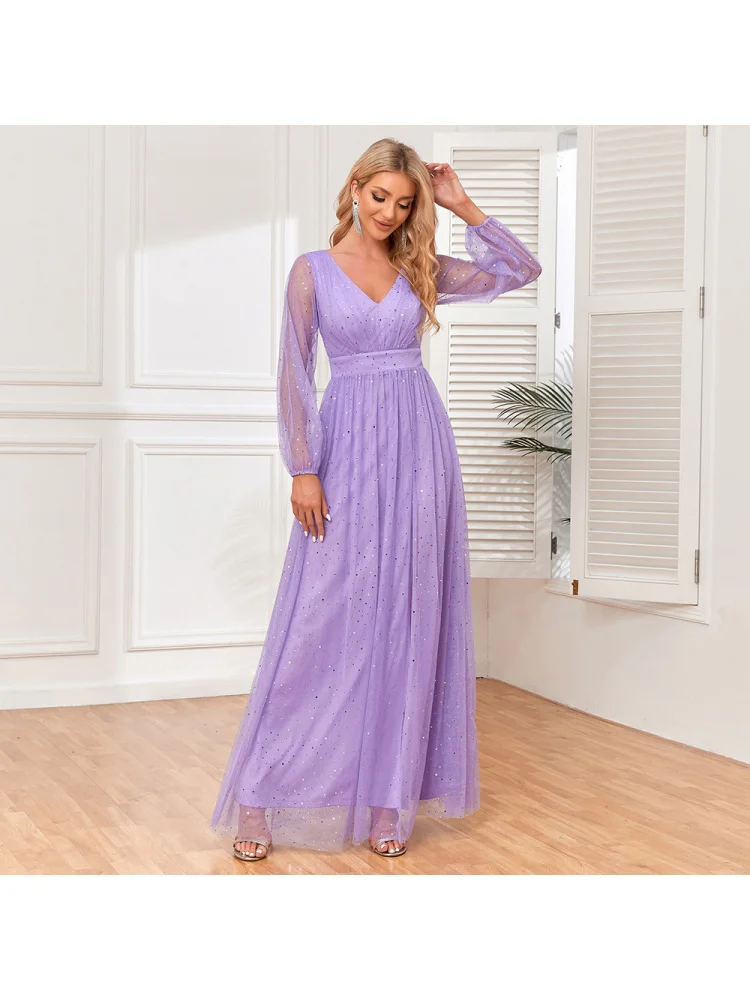 Women's Elegant Double V Neck Sheer Long Sleeve Tulle Shiny Evening Dress A Word Hem Full Lining Wedding Party Dress