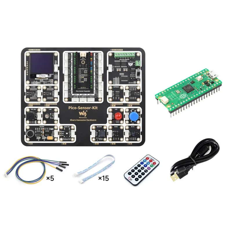 Raspberry Pi Pico Entry-Level Sensor Kit, Including Pico Expansion Board and 15 common modules, All-in-one design