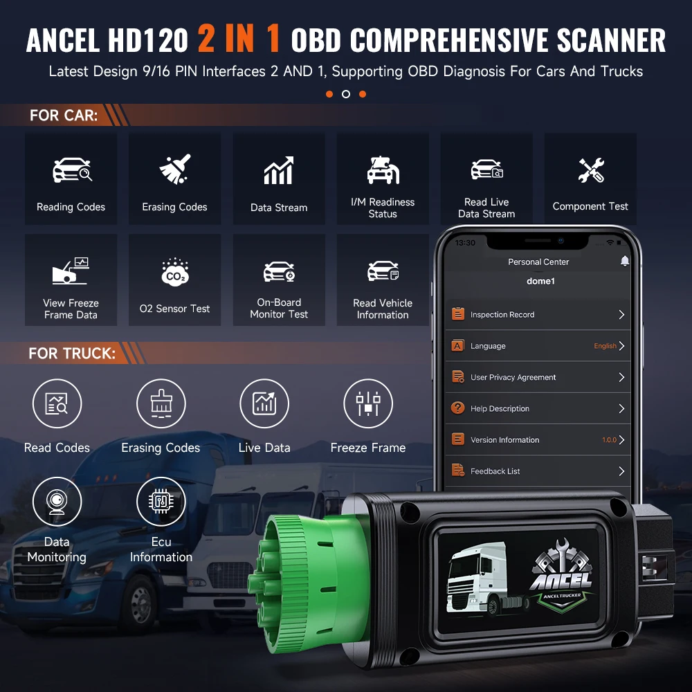 Bluetooth Heavy Duty Truck Scanner 9/16 Pin ANCEL HD120 DPF Forced Regen for International & Volvo All System Diagnostic Tool