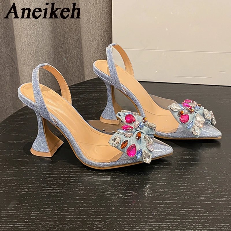 Aneikeh moda wiosenna rhinestone Bowknot damskie czółenka wysokie obcasy szpiczasty nosek pcv przezroczyste sandały wesele buty na bal