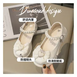 Autumn Girls Leather Shoes Love Buckle Bowknot White Black School Kids Mary Janes Elegant Stylish Pearl 23-36 Children Flat Shoe