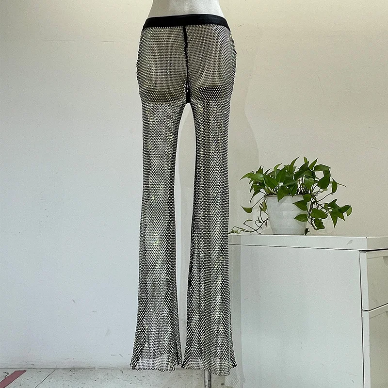 H80 & S90 Nieuwe Vrouwen Mesh Rhinestone See Throught Bling Bling Party Uitlopende Broek Crystal Diamond Sexy Shiny Broek Strand badmode