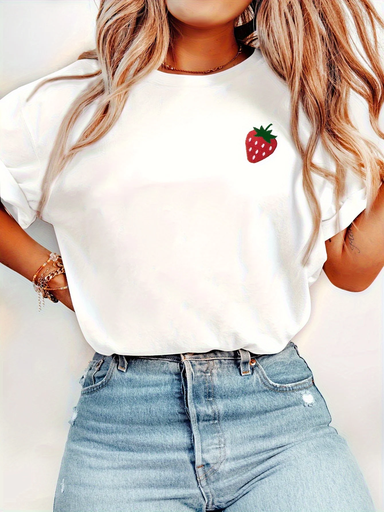 Womens Strawberry Print Round Neck Short Sleeve T-Shirt - Soft Semi-Sheer Casual TopRegular Fit for Spring Comfortable Wear