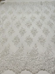 Luxury Handmade Beaded Applique Bridal Lace Fabric Silver Embroidery Flowers and Leaves Sequins High-end Dress Fabric Lace LW013