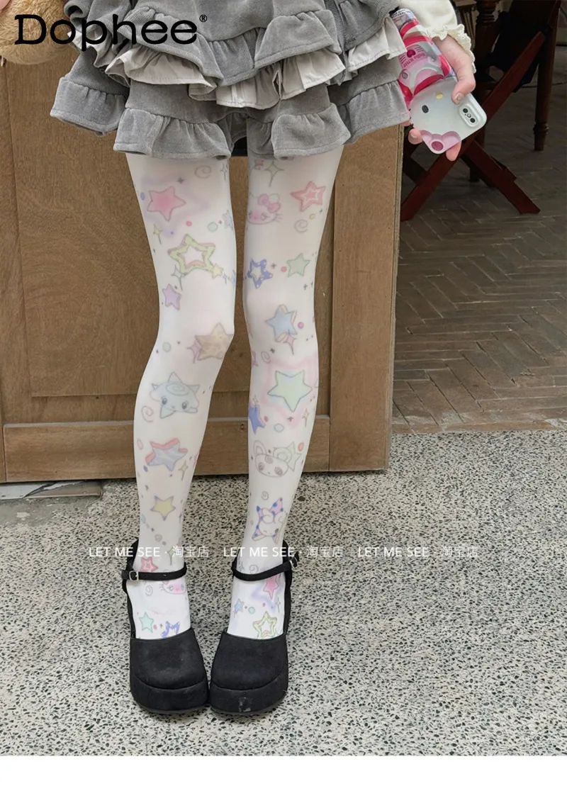 

Японские оригинальные милые девушки с мультяшным принтом, тонкие бархатные белые колготки в стиле Лолиты, утягивающие колготки