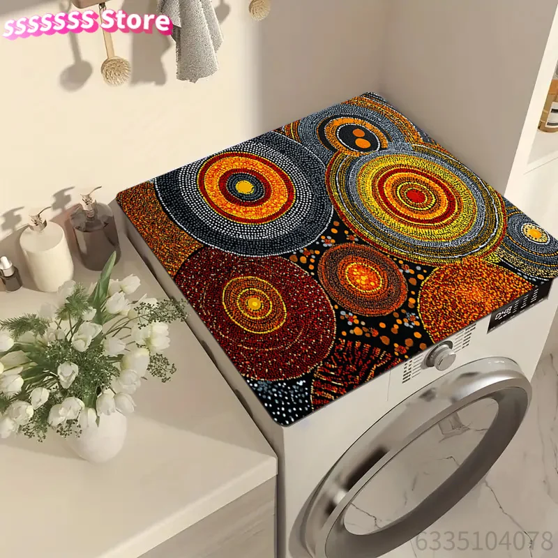 A Design Featuring a Circular Pattern of Ethnic Tribes for a Washing Machine Top Protector, Washing Machine Mat, Kitchen Accesso