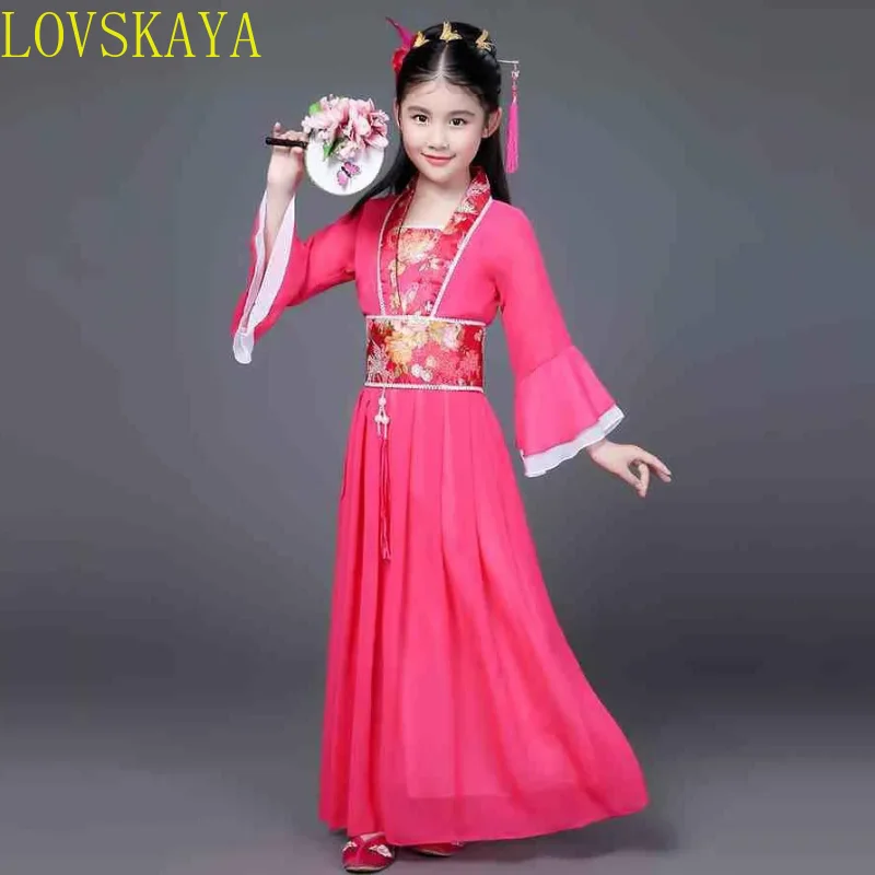 Roupas Hanfu para crianças, dança tradicional Buisness, chinês tradicional, vermelho quente, rosa, céu azul, branco, Halloween Girl Clothing