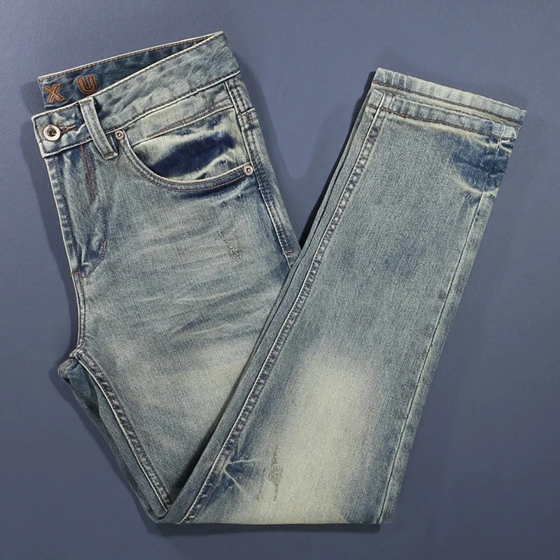 

Новые модные дизайнерские мужские джинсы в стиле ретро, синие, стрейч, слим-фит, рваные, в итальянском стиле, винтажные джинсы Y2K