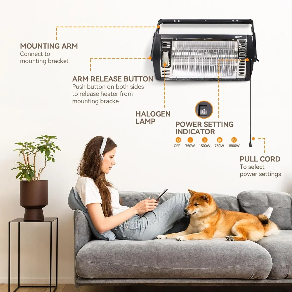 سخان جراج كهربائي مثبت على السقف 120 فولت 750 وات 1500 وات سخان مشع كوارتز مزدوج لفناء المتجر مع ارتفاع مائل قابل للتعديل #6