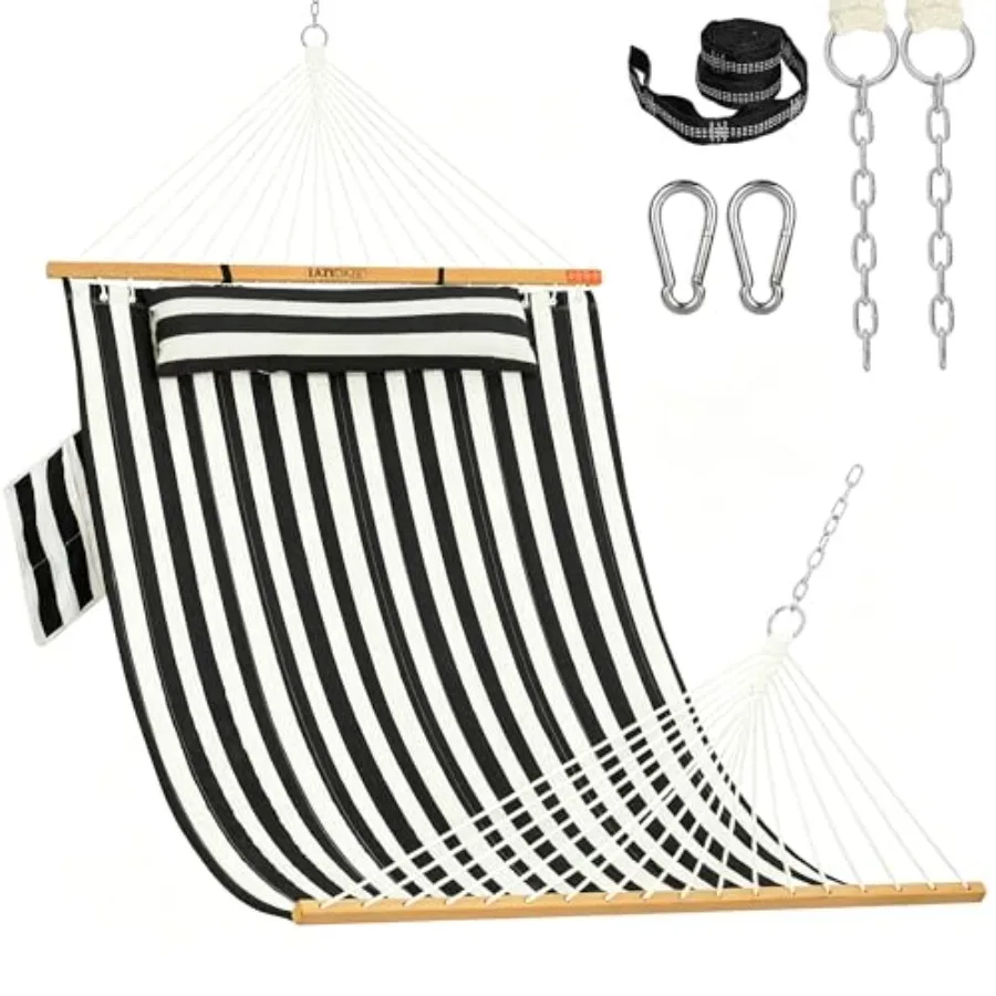 Outdoor double hammock with quilted black and white fabric, hardwood spreader bar, pillow and tree straps included, 450 lbs cap