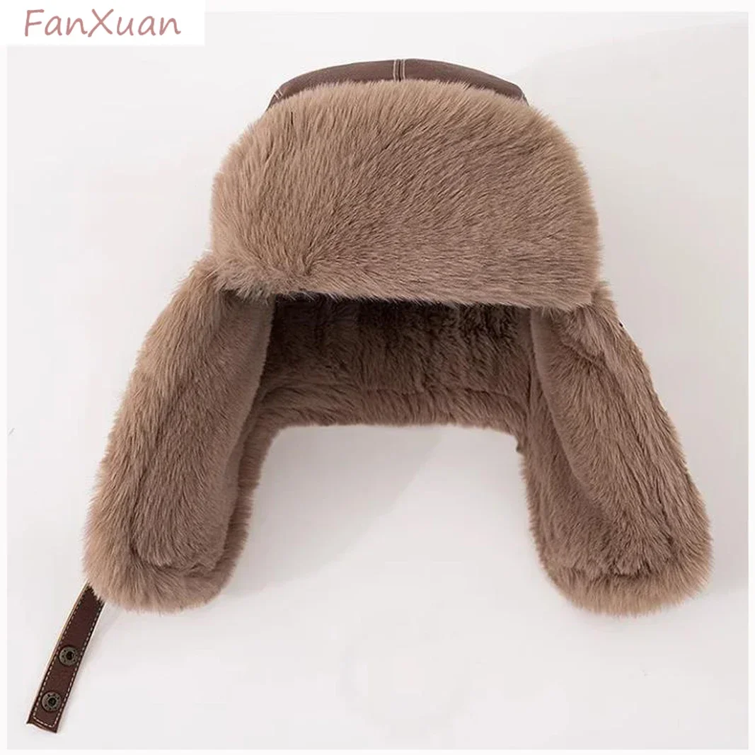 Faux Fur Leather Bomber Hats with Earflaps Trapper Winter Aviator Hat for Men Women Thick Warm Ski Cap Russian Ushanka