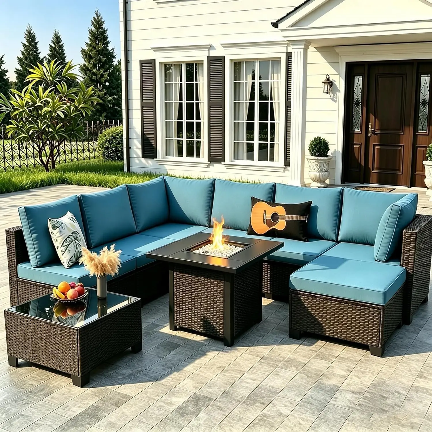 Outdoor Patio Furniture Set with Fire Pit Table, 8 Piece Wicker Rattan Sectional Furniture with Thick Cushions
