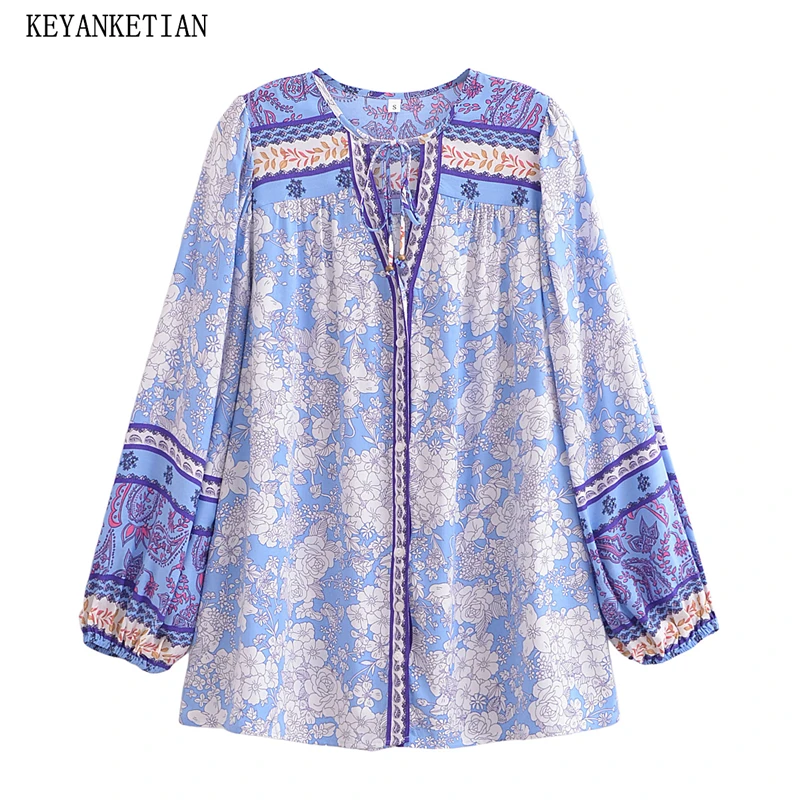 

KEYANKETIAN Весенняя новинка: Женская повседневная рубашка с принтом, бахромой и длинными рукавами, на пуговицах, топ для женщин