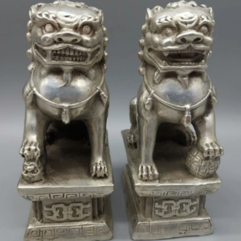 Antique White Copper Silver Plated Lion Statues a Pair - Door Guardian Ornaments, Home Decor Auspicious beast Mascot Crafts