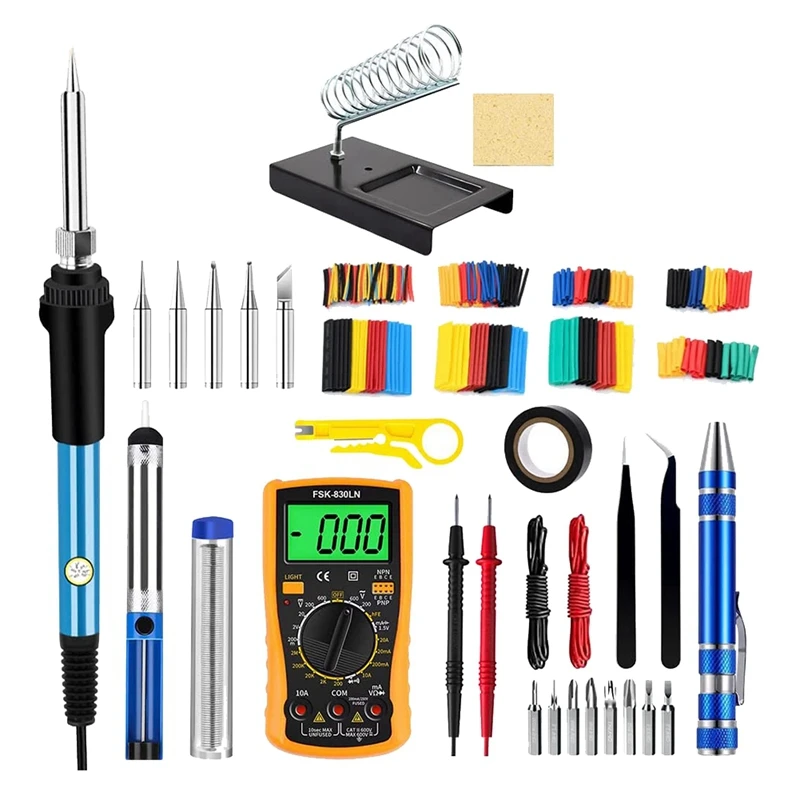 Soldering Iron Kit, 60W/110V Adjustable Temperature Soldering Iron With Digital Multimeter Stand Soldering Tips US Plug-Retail