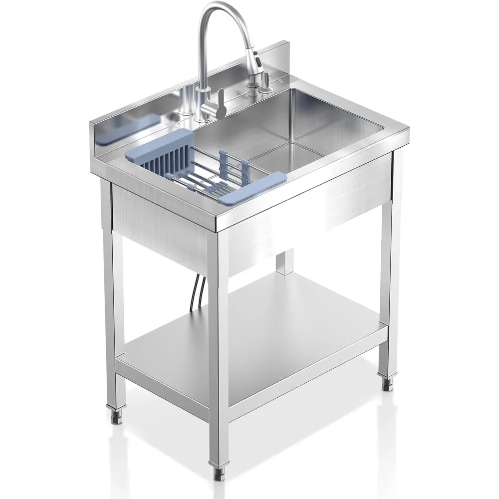 

Универсальная раковина из нержавеющей стали, коммерческая кухонная раковина с одной чашей и краном для холодной и горячей воды, шлангами и сливным комплектом, комплект Ba
