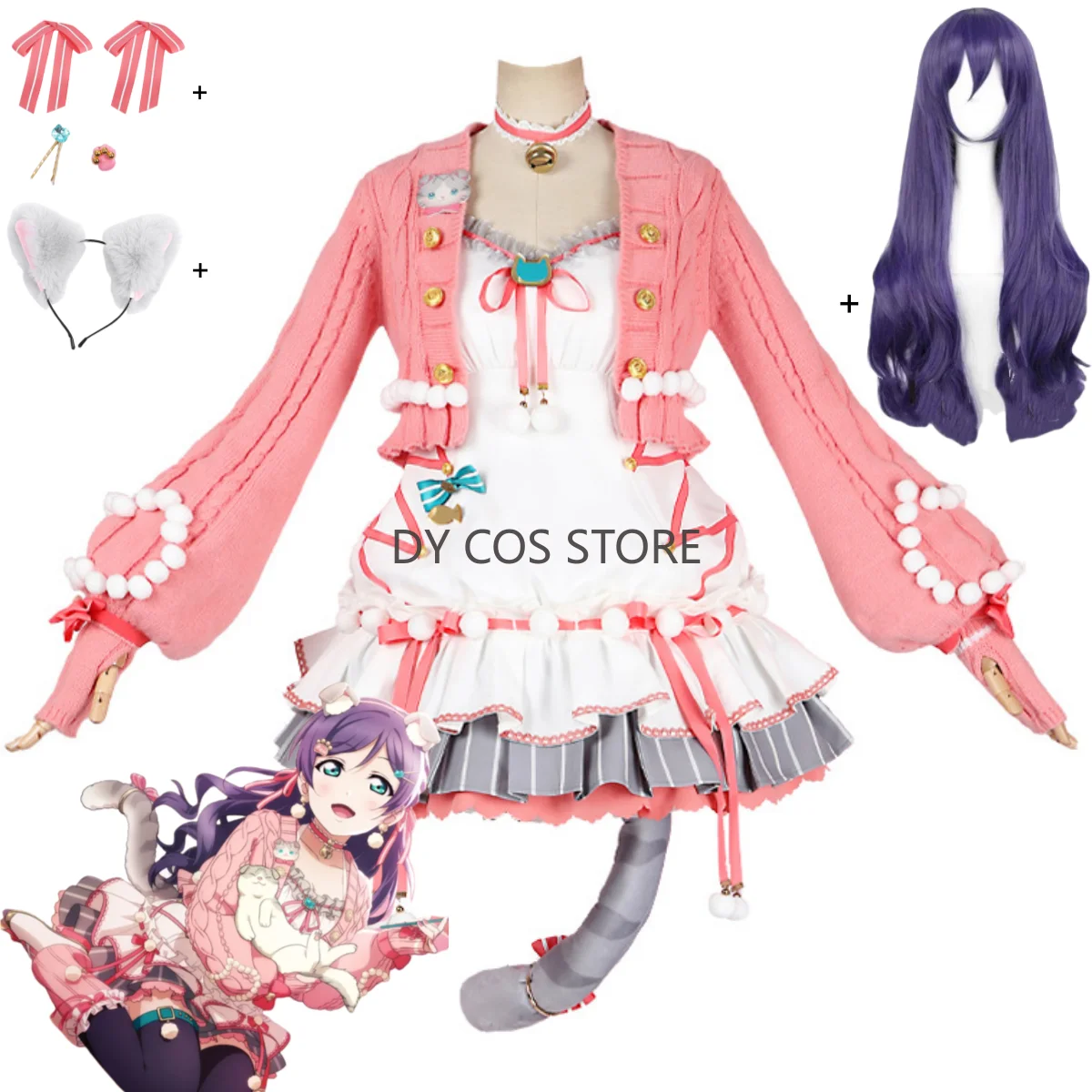 anime-lovelive-nozomi-tojo-cosplay-costume-tricote-pull-veste-robe-uniforme-chat-oreille-perruque-femme-kawaii-fete-d'anniversaire-costume