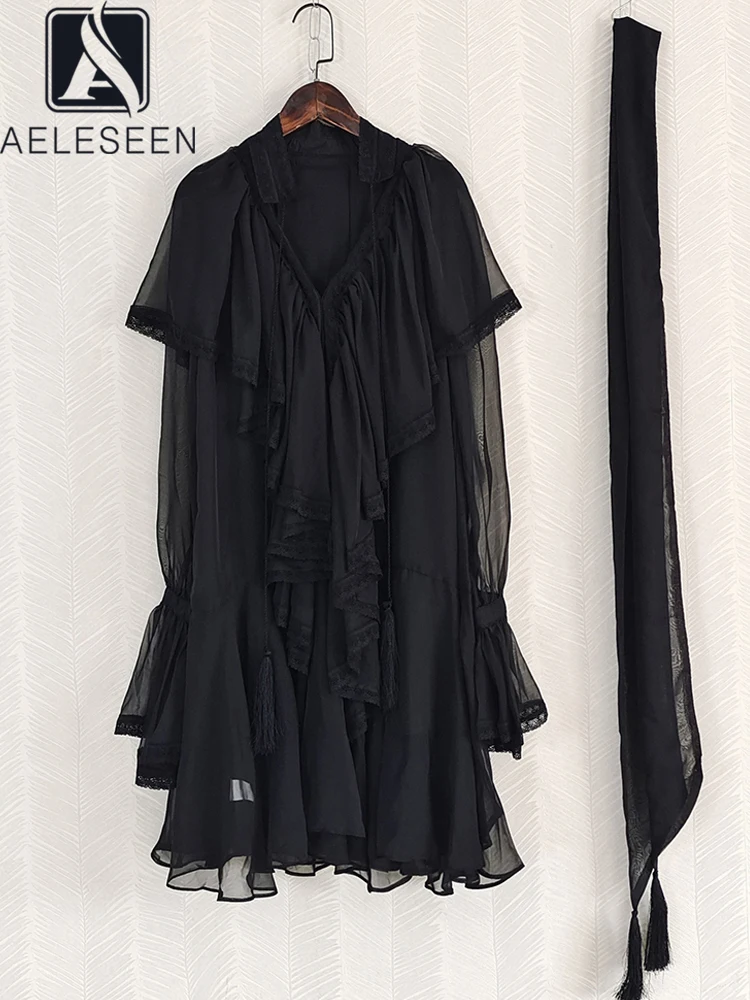 AELESEEN Black Casual Loose Dress Women Spring Summer Flare Sleeve V-Neck Lace Patchwork Cascading Ruffles Chiffon Mini