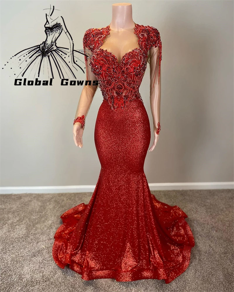 

Red O Neck Tassel Evening Dresses Beaded Crystal Rhinestone Wedding Party Dress Formal Gown vestidos de festa Customized