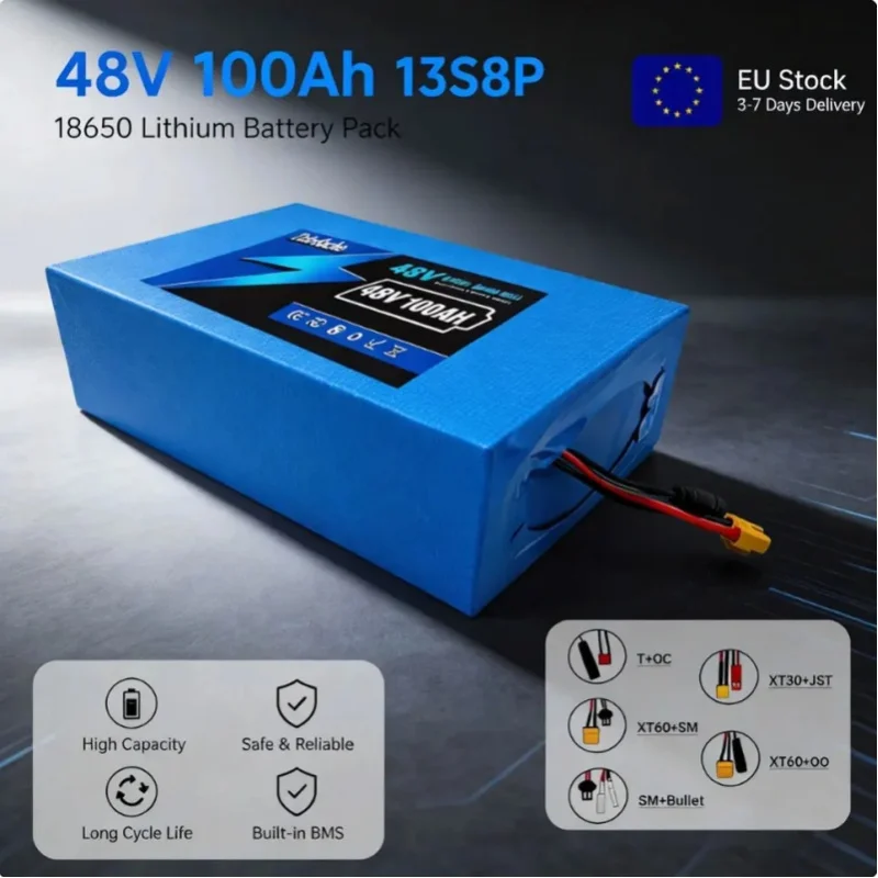 13S8P 48V 100Ah 18650 Lithium-Ionen-Akku mit großer Kapazität, integriertem BMS-Schutzboard, wiederaufladbarer Lithium-Akku für 250W 500W 750W 1000W 1500W Elektrofahrräder, Roller, E-Bikes mit 54,6V